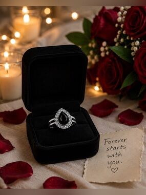 Black Onyx Pear Halo Ring | Double Band | Size 5.5–6